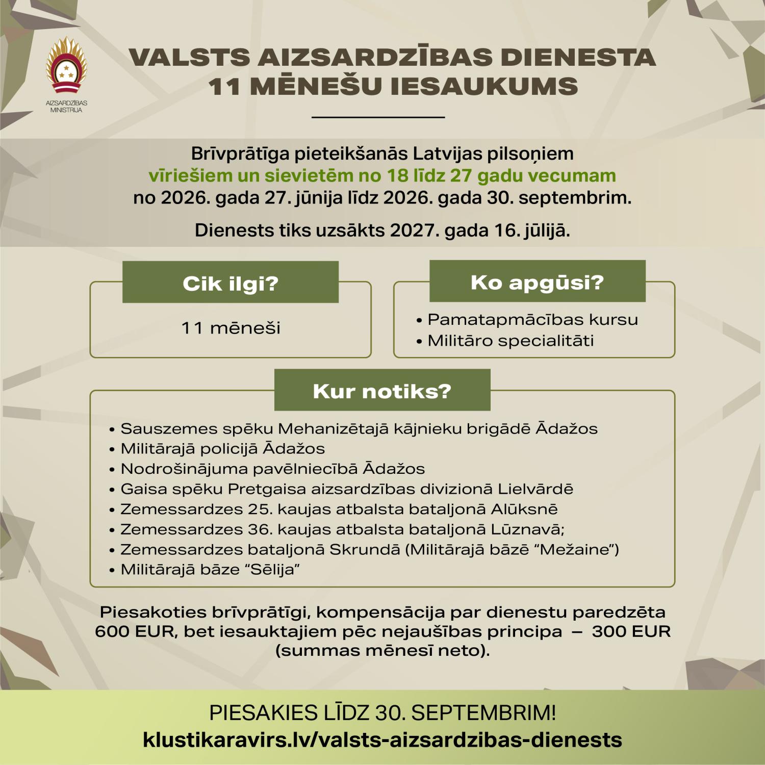 Valsts aizsardzības dienesta 11 mēnešu iesaukums