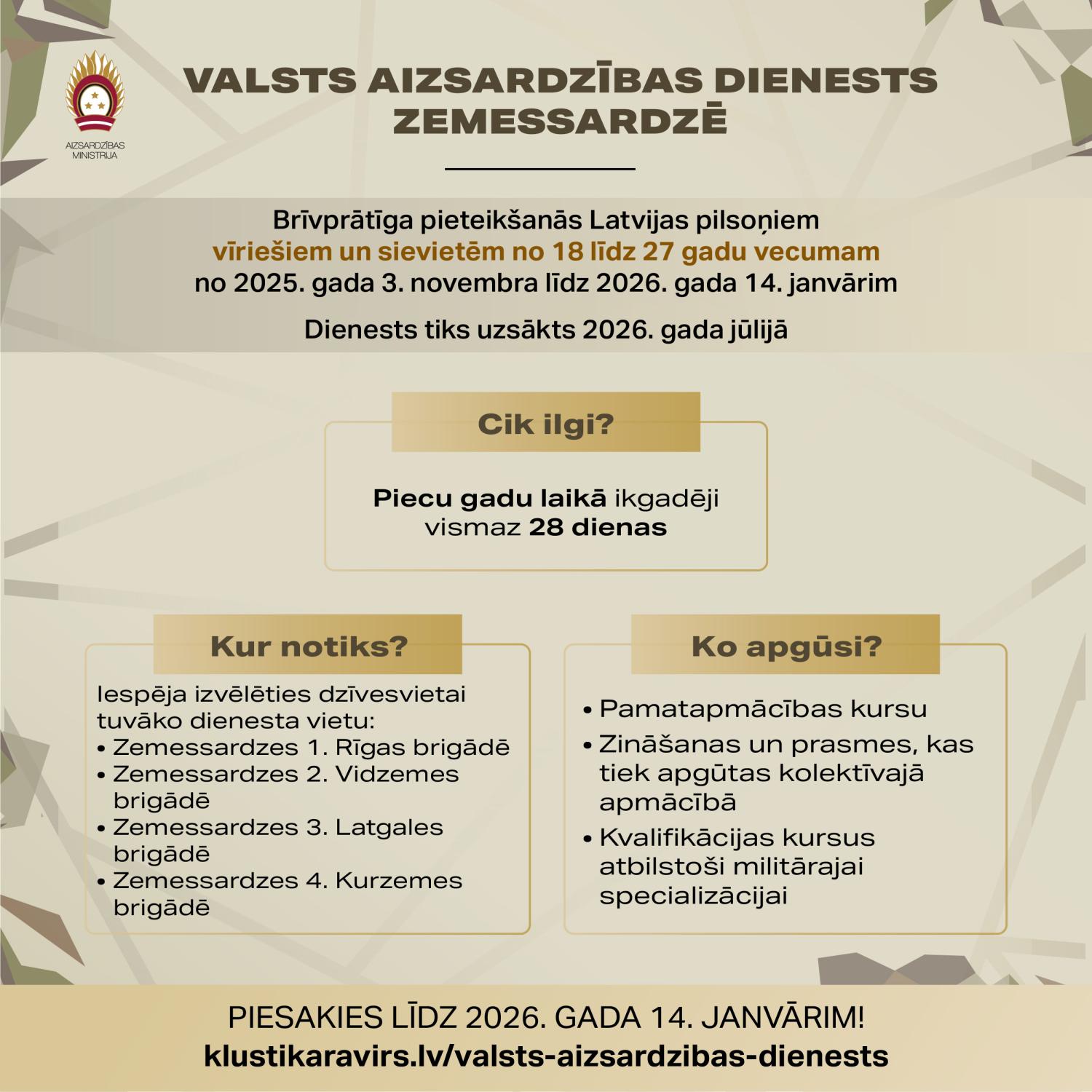 VAD 2026. gada jūlija iesaukuma dienests Zemessardzē